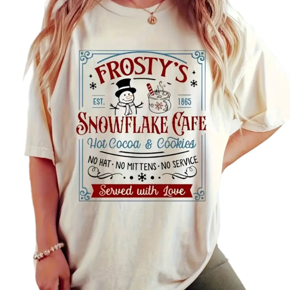 Person wearing a white t-shirt with 'Frosty's Snowflake Cafe' design.