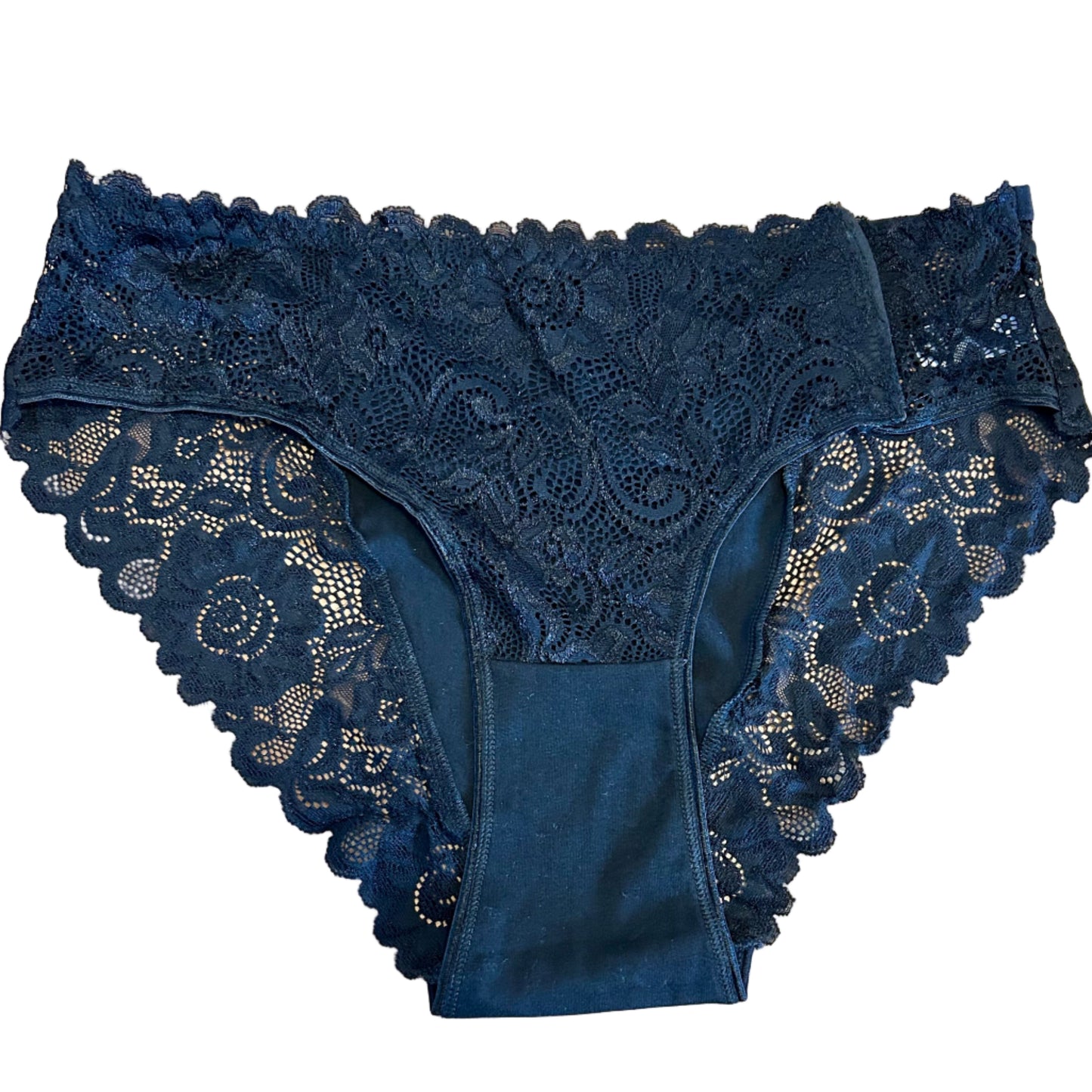Navy blue lace-trimmed underwear on a wooden surface