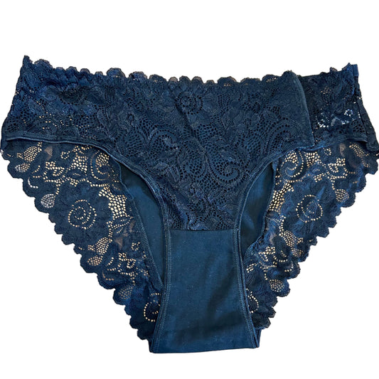 Navy blue lace-trimmed underwear on a wooden surface