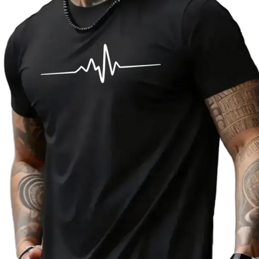 Person wearing a black t-shirt with a white heartbeat design on a gray background