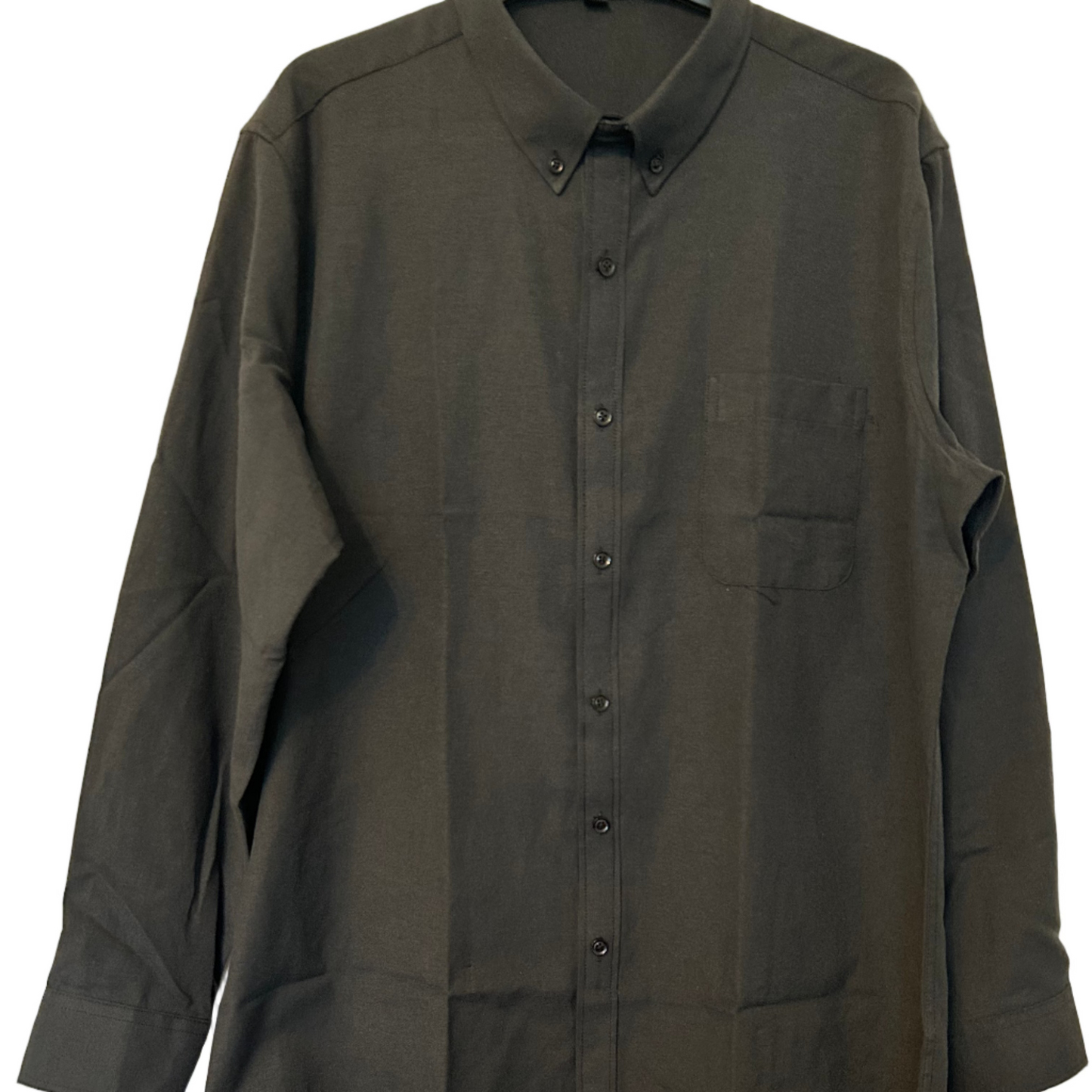 Dark gray shirt on a hanger against a light background