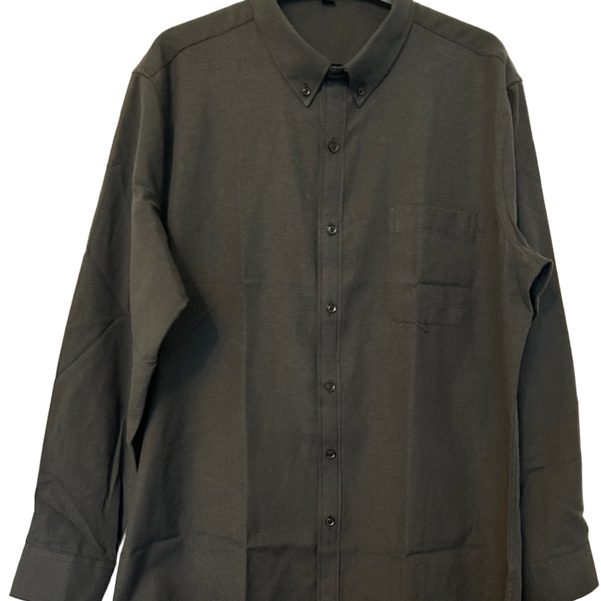 Dark gray shirt on a hanger against a light background