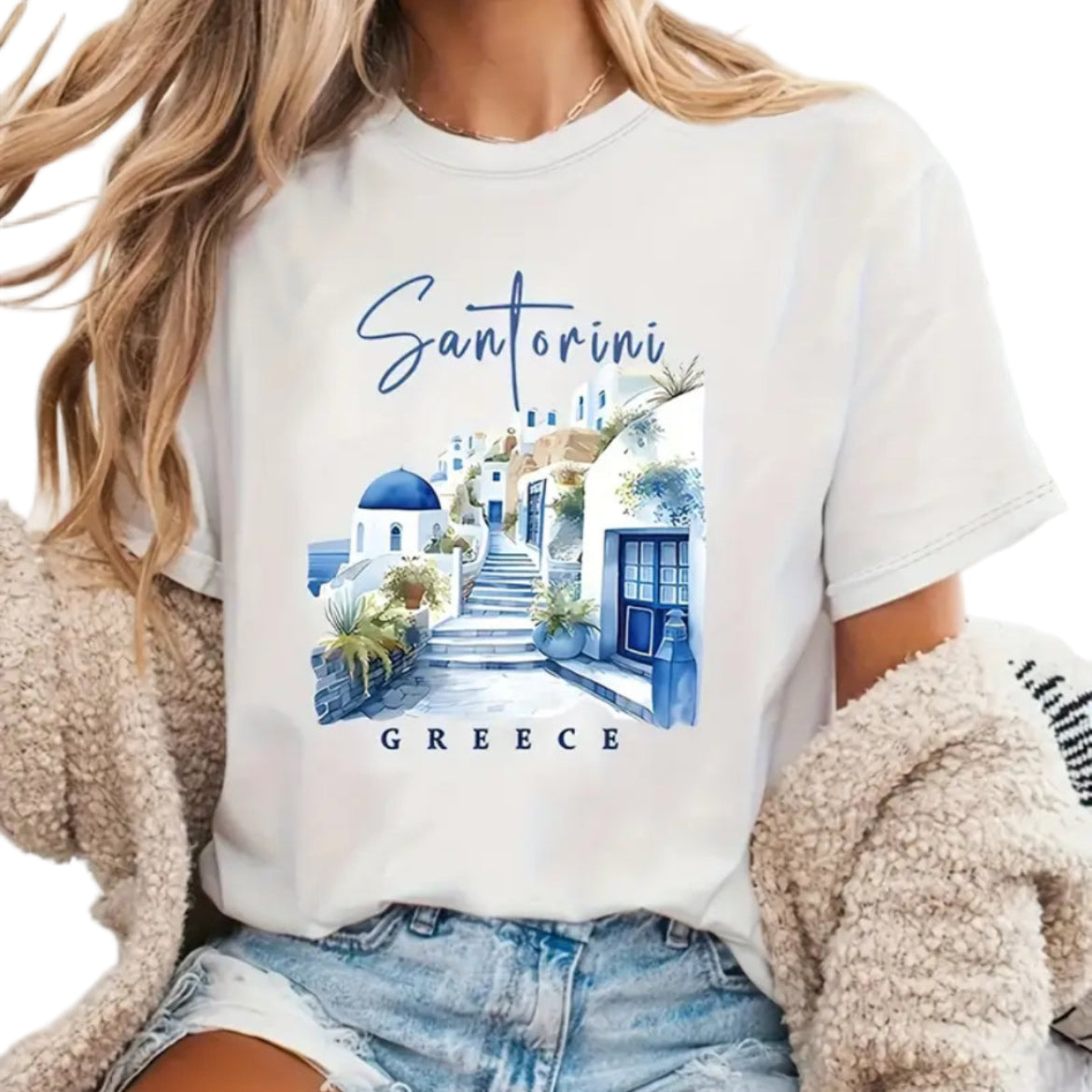 white t-shirt with a 'Santorini 
