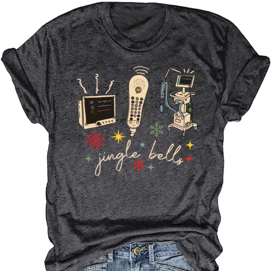 Dark gray t-shirt with vintage-style illustrations and 'jingle bells' text on a white background