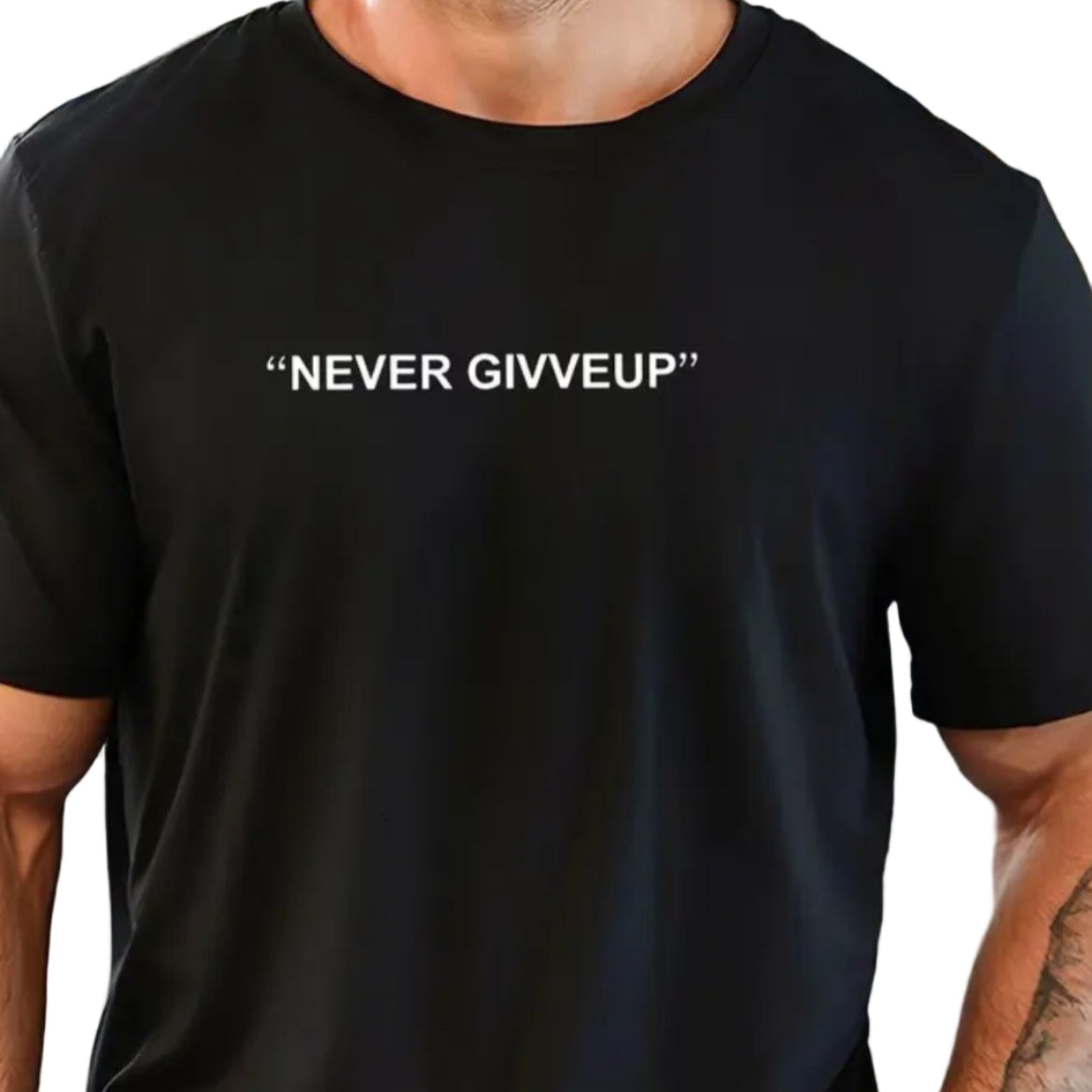 Person wearing a black t-shirt with 'NEVER GIVIEUP' text, standing outdoors.