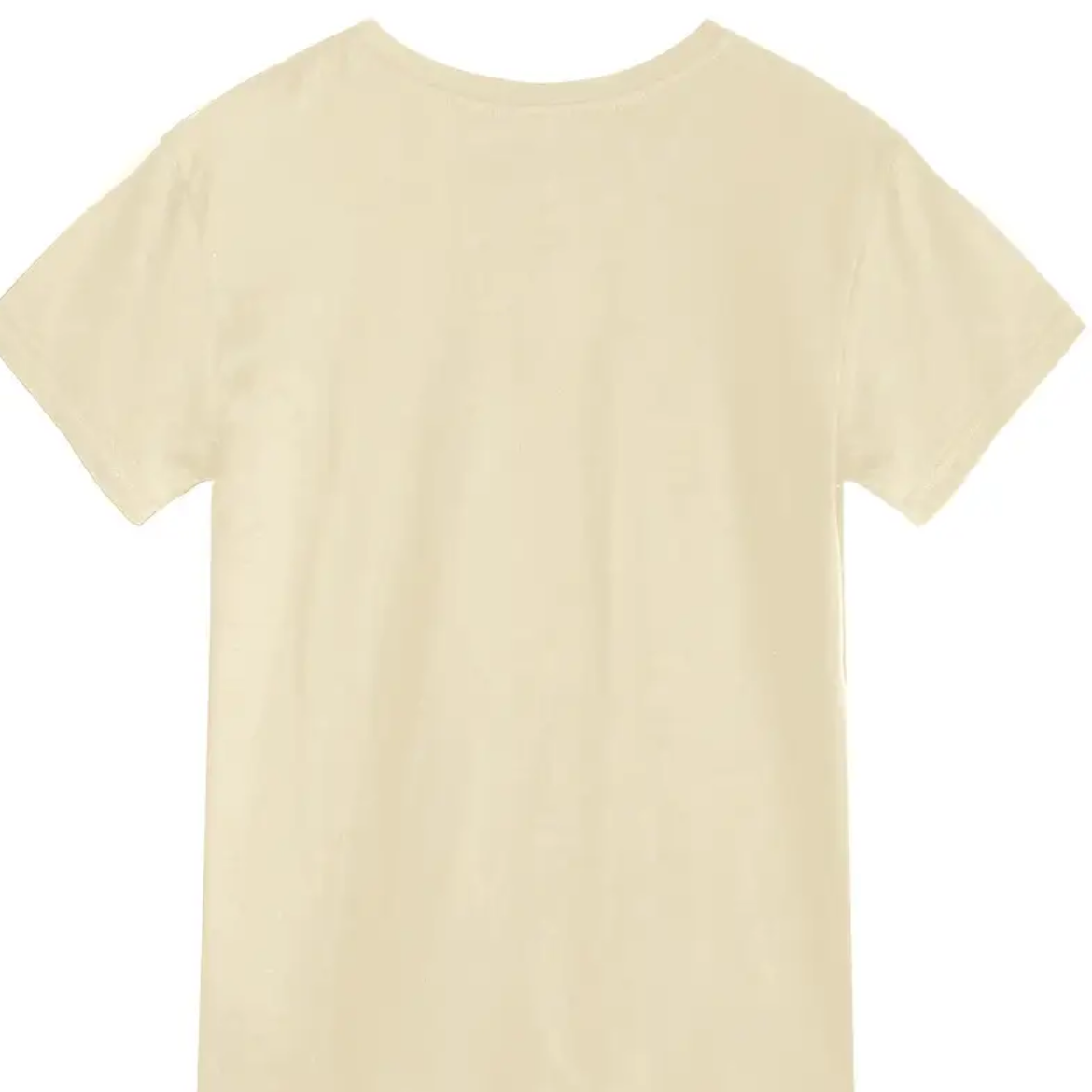 Beige t-shirt shown from the back on a plain background