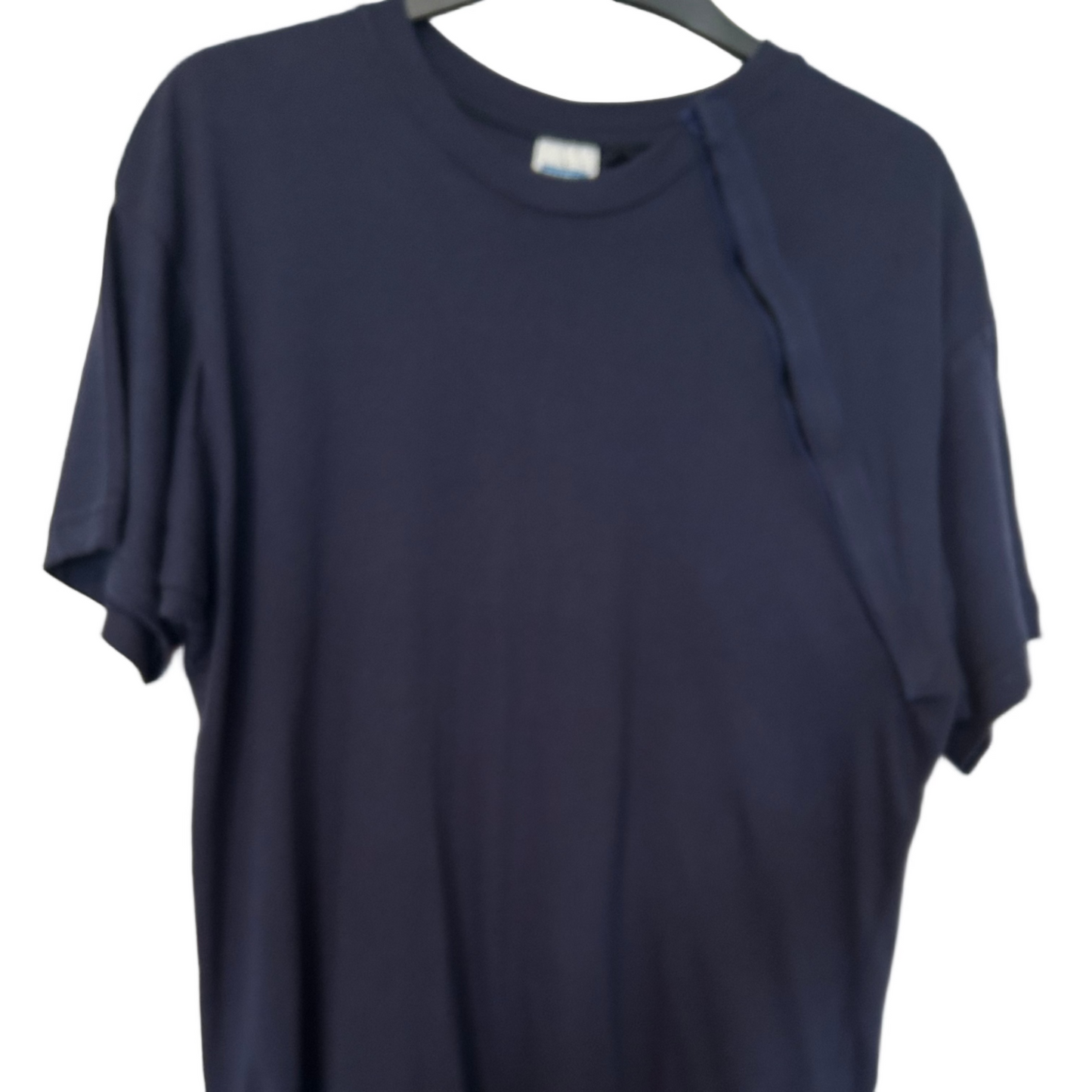 Navy blue t-shirt on a hanger against a white background