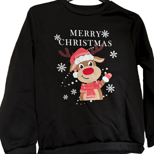 Black Christmas-themed sweatshirt with a reindeer design on a hanger against a white door.
