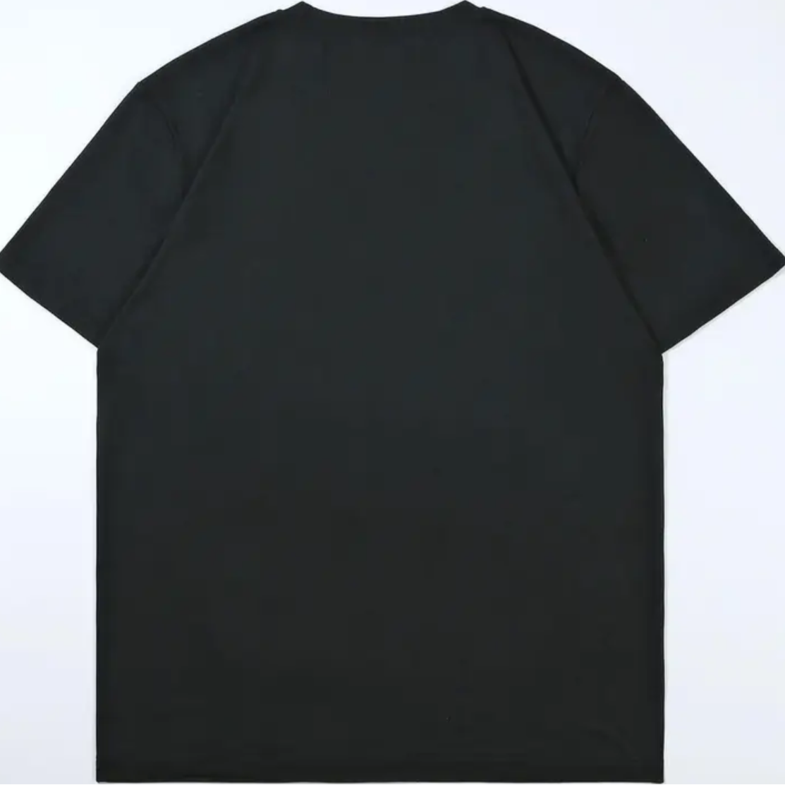 Black t-shirt on a white background with a shopping cart icon at the bottom right corner.